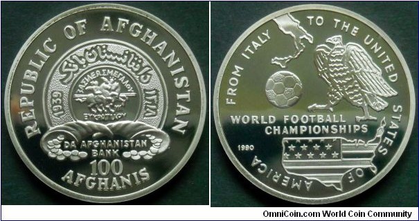 Afghanistan 100 afghanis. 1990, World Football Championships - From Italy to USA.
Proof.