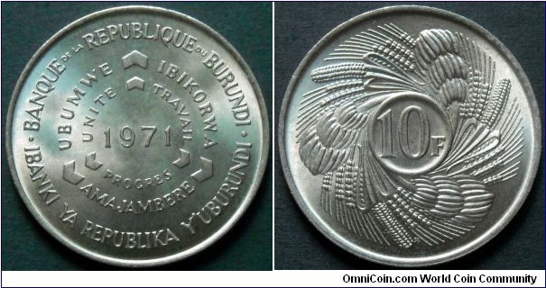 Burundi 10 francs 1971. For some reasons are harder to find compared to the 1968 issue.