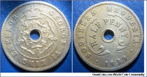 Silver 1939 Southern Rhodesia Half Penny