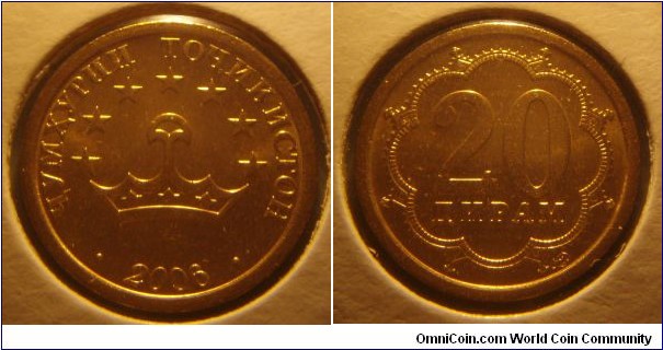 Tajikistan | 
20 Diram, 2006 | 
18.5 mm, 2.73 gr. | 
Brass plated Steel | 

Obverse: The Tajik National emblem – Crown with a seven star border, date below | 
Lettering: • ҶУМҲУРИИ ТОҶИКИСТОН • 2006 | 

Reverse: Denomination | 
Lettering: 20 ДИРАМ |
