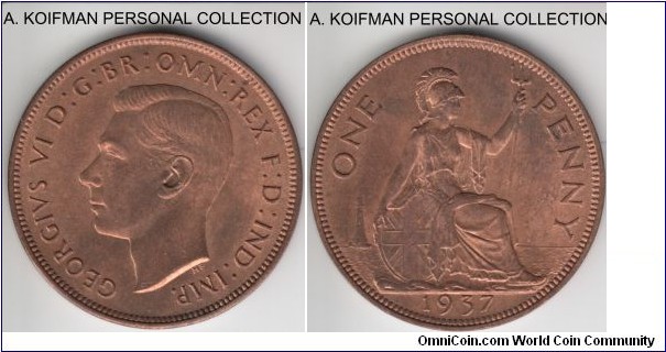 KM-845, 1937 Great Britain penny; bronze, plain edge; mostly red uncirculated, pleasant toning.