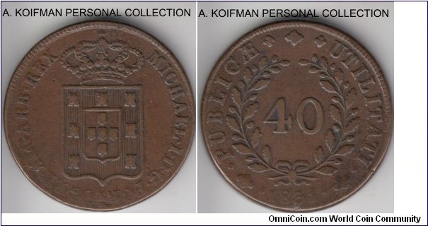 KM-391, 1831 Portugal 40 reis (pataco); bronze, plain edge; fine to fine plus.