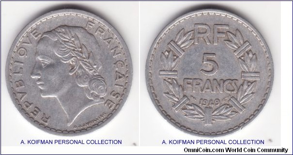 KM-888b.1, 1949 (a) France 5 francs; aluminum plain edge; very fine.