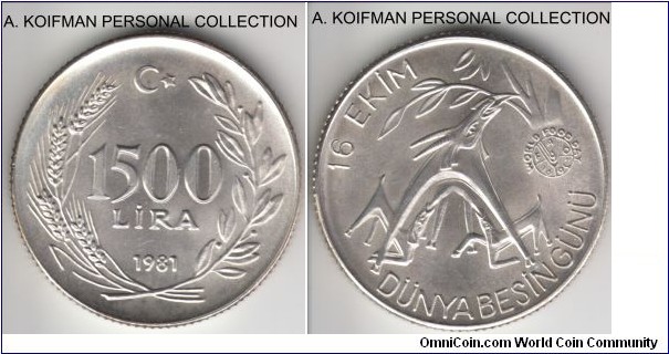 KM-947, 1981 Turkey 1500 lira; silver, reeded edge; FAO World Food Day issue, scarce with just 6,000 mintage.