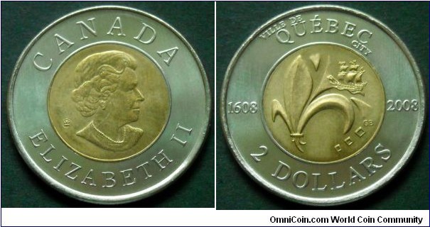 Canada 2 dollars.
2008, 400th Anniversary of Quebec City.
Bimetal.
