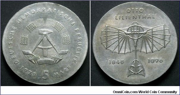 German Democratic Republic (East Germany) 5 mark.
1973, Otto Lilienthal (1849-1896)