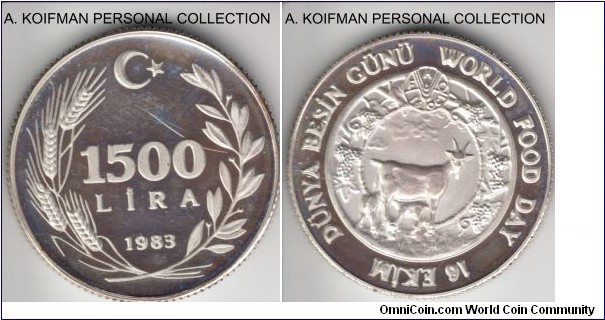 KM-958, 1983 Turkey 1500 lira; proof, silver, reeded edge; FAO World Food Day issue, scarcer with the mintage of 1,552 in proof.