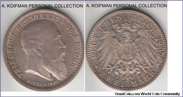 KM-278, 1907 German States Baden 2 mark, no mint mark; silver, reeded edge; death of Friedrich I, likley proof.