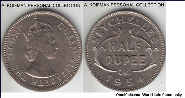 KM-12, 1954 Seychelles half rupee; copper-nickel, reeded edge; average uncirculated, first year of the type, mintage 72,000.