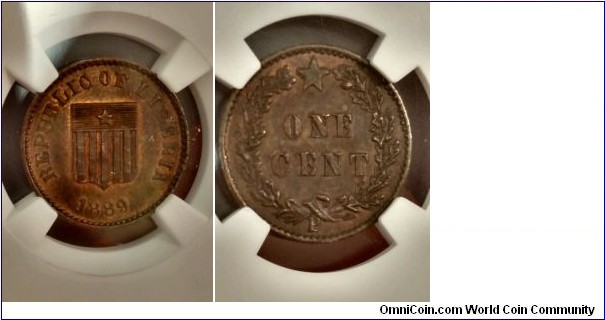 KM-PN18, 1889 Liberia pattern cent, Philadelphia mint (P mintmark); copper, plain edge; NGC certified PF 64 RB.