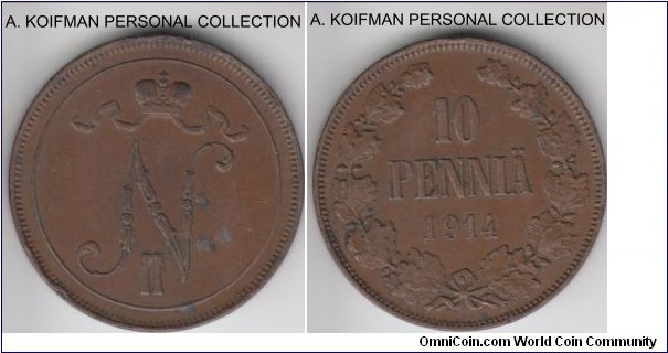 KM-14, 1914 Finland (Grand Duchy) 10 pennia; copper, plain edge; brown, extra fine for wear, some roughness can be seen around the edges.