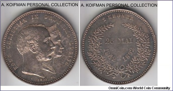 KM-800, 1892 Denmark 2 kroner; silver, reeded edge; commemorating Golden Wedding Anniversary, good about uncirculated coin.