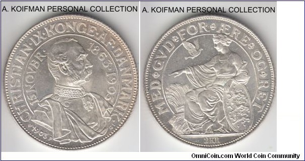 KM-802, 1903 Denmark 2 kroner; silver, reeded edge; commemorative 40 years of the reign issue, bright write uncirculated.