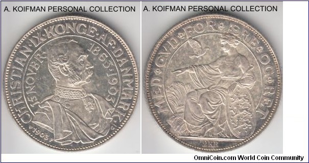 KM-802, 1903 Denmark 2 kroner; silver, reeded edge; commemorative 40 years of the reign issue, more proof like with some pleasant toning.