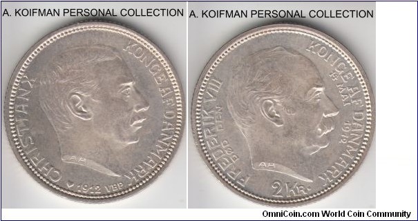 KM-811, 1912 Denmark 2 kroner; silver, reeded edge; death of Frederick VIII and accession of Christian X, choice uncirculated, mintage 101,917.
