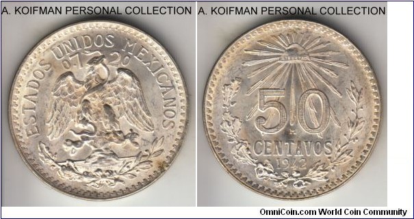KM-447, 1942 Mexico 50 centavos, MexicoCity mint (M mint mark); silver, lettered edge; second scarcest year of the type with mintage of 800,000 only, average bright white uncirculated.
