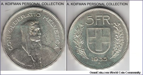 KM-40, 1935 Switzerland 5 francs, Bern mint (B mint mark); silver, raised lettered edge; average uncirculated, toned.