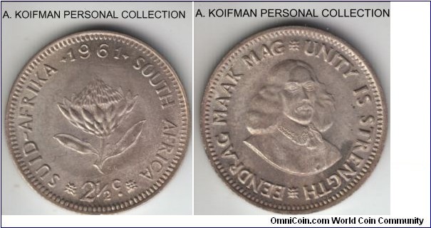 KM-58, 1961 South Africa (Republic) 2 1/2 cents; silver, plain edge; lightly toned uncirculated, highest mintage 292,000 of this short transitional issue.