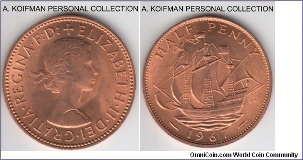 KM-896, 1967 Great Britain 1/2 penny; bronze, plain edge; bright red brilliant uncirculated.