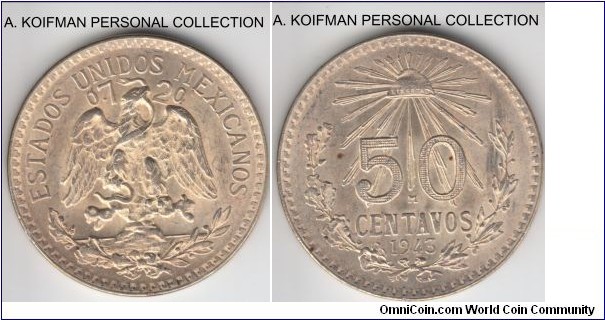 KM-447, 1943 Mexico 50 centavos; silver, lettered edge; white about uncirculated, few tiny spots on reverse.