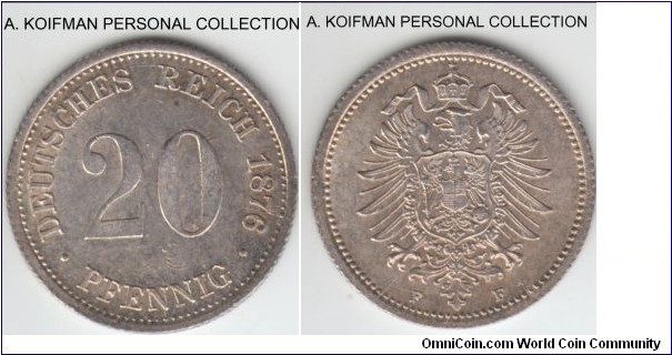 KM-5, 1876 Germany 20 pfennig, Stuttgart mint (F mint mark); silver, reeded edge; rainbow toned uncirculated coin.