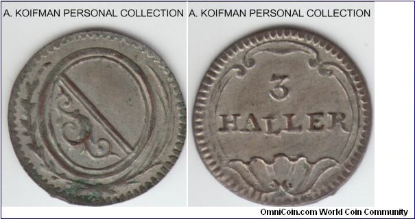 KM-180 (KM-6 ?), ND (1827-1841) Switzerland canton Zurich 3 haller; billon; mid grade, extra fine or about, must be a die variety or a contemporary counterfeit, quite different from the other 2 I have - lower L (first) in denomination, lower 3, short wreath on obverse and different, simplified vine inside the shield.