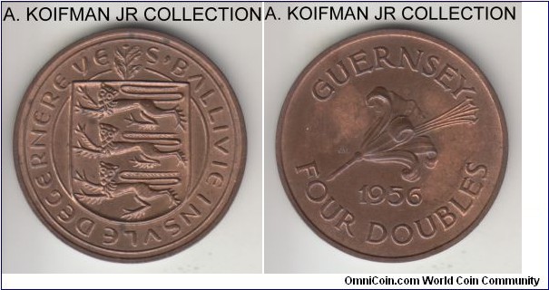 KM-15. 1956 Guernsey 4 doubles (half penny); bronze, plain edge; choice red brown uncirculated.