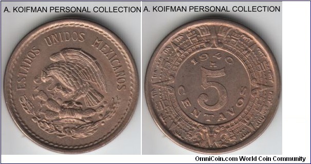 KM-423, 1940 Mexico 5 centavos; copper-nickel, plain edge; uncirculated, lightly toned in places.