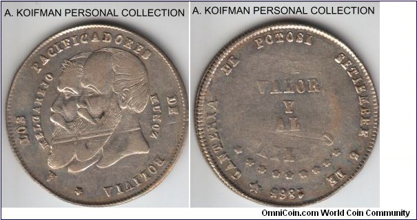 KM-144, 1865 Bolivia 1/4 malgarejo; silver, reeded edge; very finbe to extra fine but struck through on obverse and weak strike; not sure if it was cleaned in the past or not, some of the details are very clear and luster is visible around the legends, where wear is minimal.