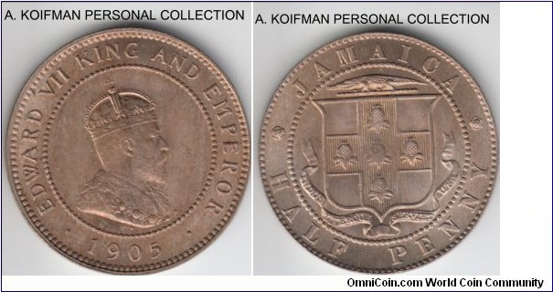 KM-22, 1905 Jamaica half penny; copper-nickel, plain edge; some very light toning on obverse and weakly struck pineapple in the center, otherwise brilliant uncirculated specimen, mintage of 48,000.