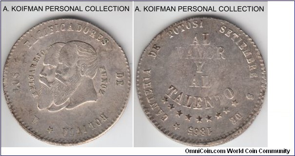 KM-145.1, 1865 Bolivia 1/2 malgarejo; silver, reeded edge; extra fine or about, weak strike on reverse, looks like a long beards variety.