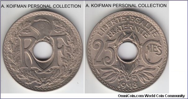 KM-867a, 1918 France 25 centimes; copper-nickel, plain edge, holed flan; common year, but nice bright uncirculated.