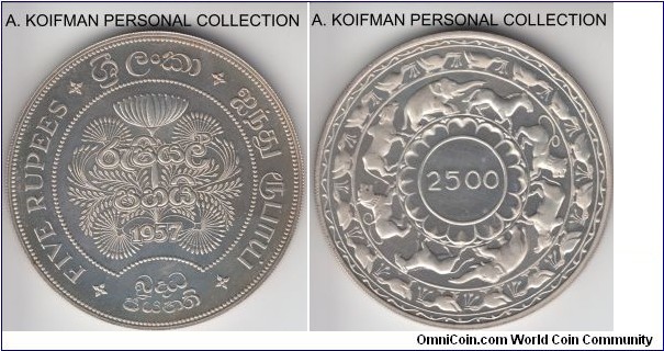 KM-126, 1957 Ceylon 5 rupees; proof, silver, reeded edge; cameo proof, small mintage of 1,800, brilliant uncircluated.