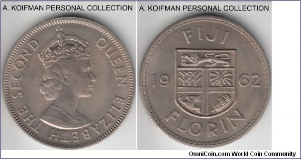 KM-24, 1962 Fiji florin; copper-nickel, reeded edge; toned uncirculated.