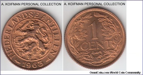 KM-1, 1963 Netherlands Antilles cent; bronze, reeded edge; nice red brilliant uncirculated.