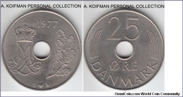 KM-861.1, 1977 Denmark 25 ore; copper-nickel, plain edge, holed flan; average uncirculated.