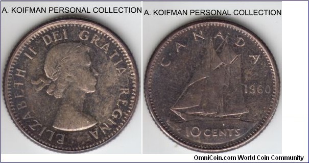 KM-51, 1960 Canada 10 cents; silver, reeded edge; superbly toned, highly lustered proof like.