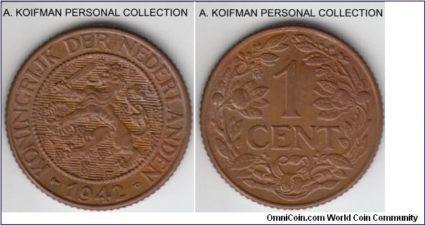 KM-39a, 1942 Curacao cent, Philadelphia mint (P mint mark); bronze, reeded edge; nice red-brown uncirculated, few toning areas on reverse.