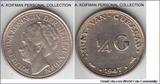 KM-44, 1947 Curacao 1/4 gulden, Utrecht mint; silver, reeded edge; post war, about uncirculated, nice toning on reverse.