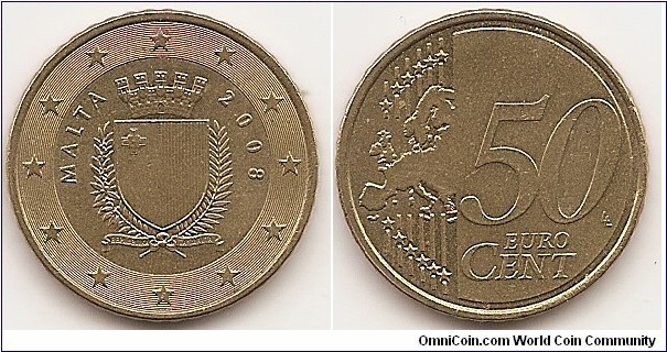 50 Euro cent
KM#130
7.8000 g., Brass, 24.25 mm. Obv: depicts the Coat of arms of Malta, which includes the Maltese flag and a mural crown of fortifications symbolising a city state. Shield of the arms is bound by an olive branch and a palm branch as Maltese symbols of peace, tied at their base by a ribbon reading “Repubblika ta’ Malta” (Republic of Malta). The name Malta sits round the upper left inner edge and the year in a similar fashion on the right. Rev: Large value at left, modified outline of Europe at right. Obv. designer: Noel Galea Bason Rev. designer: Luc Luycx