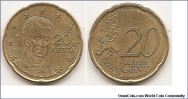 20 Euro cent
KM#212
5.7300 g., Brass, 22.25 mm. Obv:  Ioannis Capodistrias (1776-1831), a leading national and European politician and diplomat who became the first Governor of Greece (1830-31) following the Greek War of Independence (1821-27).. His name in Greek is shown below the portrait and to the right is the denomination in Greek with the year to the left. The coin's outer ring bears the 12 stars of the European Union. Rev: Large value at left, modified outline of Europe at right. Obv. designer: George Stamatopoulos Rev. designer: Luc Luycx Edge: Noched