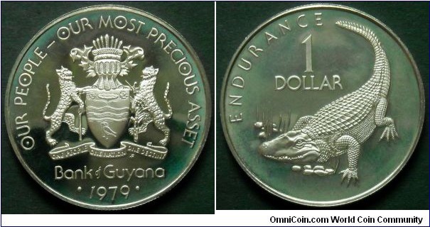 Guyana 1 dollar.
1979, Proof from Franklin Mint.
Cu-ni. Weight; 19,1g. Diameter; 35,5mm.
Mintage: 3547 pieces.