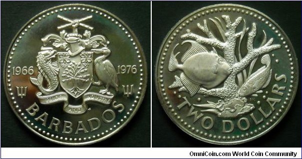 Barbados 2 dollars.
1976, Proof from Franklin Mint. Cu-ni. 10th Anniversary of Independence.
Mintage: 12.000 pieces.