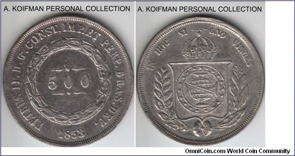 KM-464, 1853 Brazil (Empire) 500 reis; silver, reeded edge; good very fine to extra fine, cleaned, mintage 241,000.