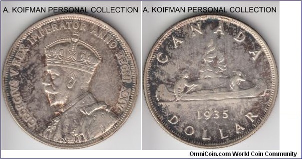 KM-30, 1935 Canada dollar; silver, reeded edge; good extra fine, mottled cabinet toning.