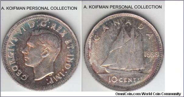 KM-34, 1938 Canada 10 cents; silver, reeded edge; unusually toned, scarcer year, extra fine for wear.