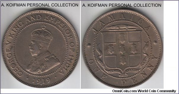 KM-26, 1919 Jamaica, Ottawa mint (C mint mark); copper0nickel, plain edge; high grade about uncirculated, mintage of 251,000.