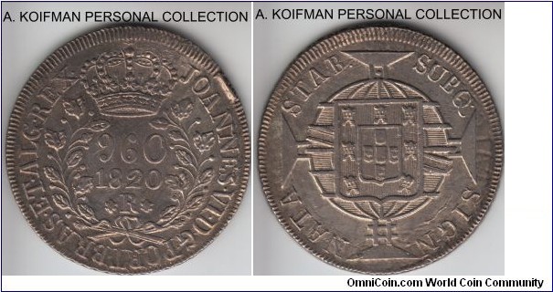 KM-326.1, 1820 Brazil (Colony) 960 reis, Rio mint (R mint mark); silver, milled edge; as usual struck over colonial 8 reals, edge is partially square and circle and partially flowered as it should be, small flan defect on obverse and die clash, extra fine or better for wear.