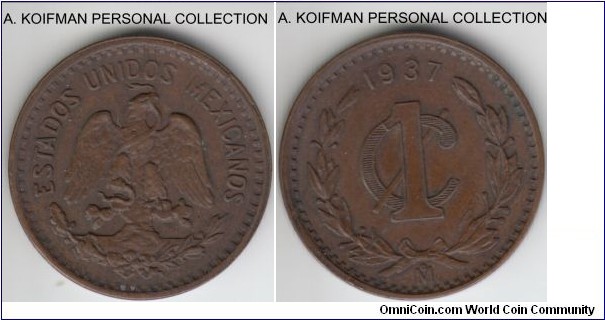 KM-415, 1937 Mexico centavo, Mexico mint (Mo mint mark); bronze, plain edge; about uncirculated, dark brown.