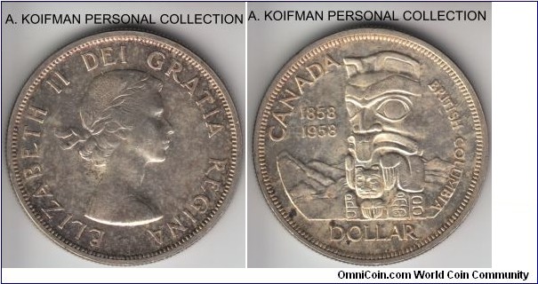 KM-55, 1958 Canada dollar; silver, reeded edge; British Columbia commemorative issue, average uncirculated or almost.